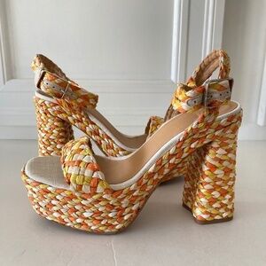 NWOT Castaner Adara Platform Raffia Yellow & Orange Braided Heels Sz 41